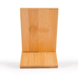 A bamboo phone stand designed for holding smartphones, featuring a sleek and minimalistic design.