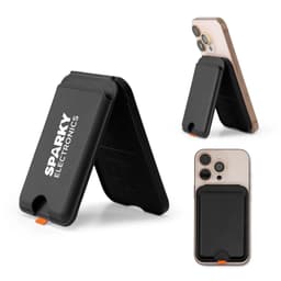 A black phone wallet with a stand feature, displaying a logo and compatible with a smartphone.