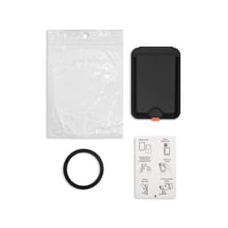 A black phone wallet with a plastic protective sleeve, a black ring, and an instruction card.