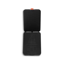 A black phone wallet with a hinged design features interior instructions for portrait and landscape modes.