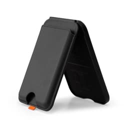 A black phone wallet with a stand feature, designed to hold a phone and cards. It has a small orange detail.