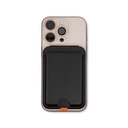 A mobile phone in a pink case with a black wallet attached to the back. The wallet features a logo.