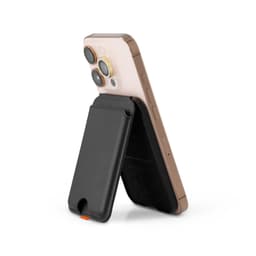 A smartphone in a black Cozy Phone Wallet, showcasing a sleek design with a stand feature.