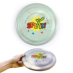 A frisbee featuring a glossy, translucent green color with multicolored graphics and a logo.