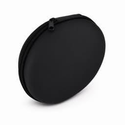 A round black zippered case designed to hold headphones, featuring a smooth exterior.