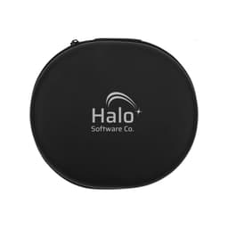 A black round case with a logo, designed for holding headphones.