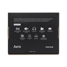 Aero by Nomis headphones in a sleek black design, featuring a box with branding and key features.