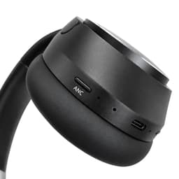 A pair of black wireless headphones featuring buttons for noise cancellation and USB-C charging.
