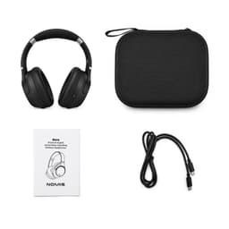 Black wireless headphones along with a carrying case, a user manual, and a charging cable.