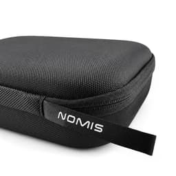 A black protective case for headphones featuring a branded zipper pull. The texture is ribbed and durable.
