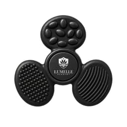 A black tactile fidget spinner featuring various textured surfaces and a logo in the centre.