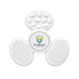 A white tactile fidget spinner featuring various textured surfaces and a logo in the centre.