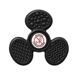 A tactile fidget spinner in black with various textured surfaces and a central logo.