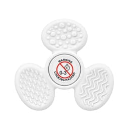 A white tactile fidget spinner with textured surfaces and a central warning label. It features different tactile patterns.