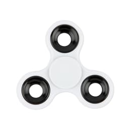 A fidget spinner with three arms, featuring a white body and black rings around each of the spinning sections.