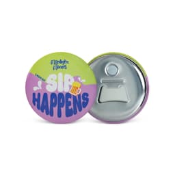 A drink bottle opener in a round, multi-coloured design with a logo and a metallic opener on the back.