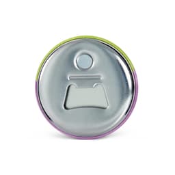 A drink bottle opener with a shiny metallic finish and colourful purple and green edges, featuring a circular design and a logo.