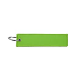 A vibrant green woven keytag with a metal keyring attachment. There is a logo visible on the surface.
