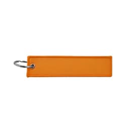An orange woven keytag with a metal ring attachment. The keytag has a rectangular shape and is textured.