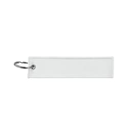 A white woven keytag with a silver keyring attachment and a plain design.