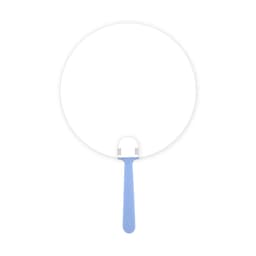 A round, blue handle fan with a large white fan surface, featuring a logo on the handle.