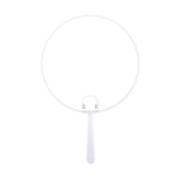 A circular white fan with a handle, featuring a simple design and a logo on the handle.