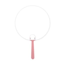 A round, pink-handled fan with a white surface, designed for promotional use. Features a branding logo on the handle.