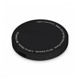 A black wireless charger with a circular design and a USB-C port, featuring a subtle logo.