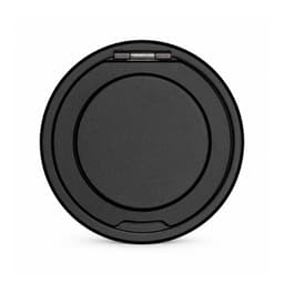 A black circular magnetic charger with a stand feature, designed for phones and watches, featuring a logo.