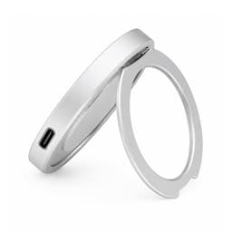 A magnetic phone and watch charger with a stand, featuring a sleek silver design and a USB-C port.