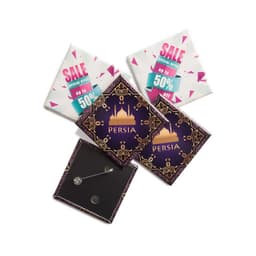 Custom printed 50mm x 50mm badges in purple, featuring a logo and metallic backing, arranged on a white background.