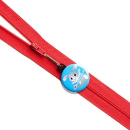 A red zipper with a blue 32mm round zipper pull featuring a cute rabbit design and a logo.