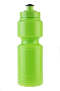 A drink bottle in bright green with a larger midsection and a black cap, featuring a logo.