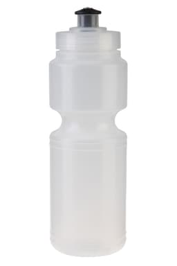 A drink bottle with a clear, frosted finish, featuring a black screw cap and a streamlined design.