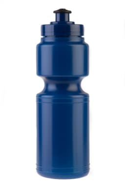 A drink bottle in a dark blue colour, featuring a standard lid and a sleek design. It includes a branding logo.