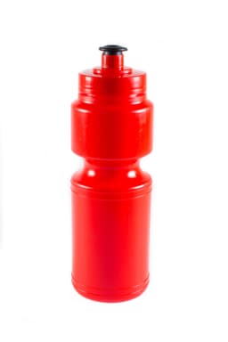 A drink bottle in bright red, featuring a sleek design and a secure lid. It includes a logo on the surface.