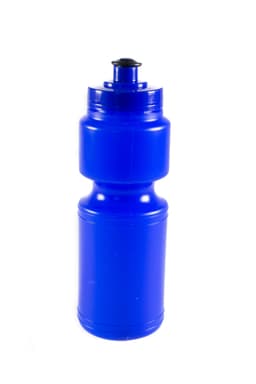 A drink bottle in bright blue with a textured grip and a black lid, featuring a logo.