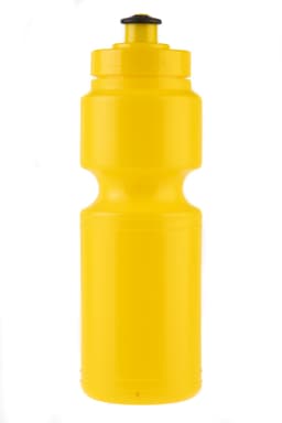 A drink bottle in bright yellow, featuring a slim design and a black cap, with a visible logo.