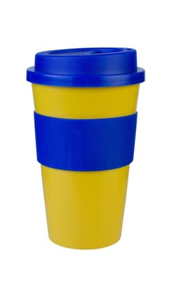 A reusable coffee cup in bright yellow with a blue lid and blue grip band. Features a logo.