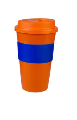 A drink bottle resembling a reusable coffee cup, featuring an orange body and a blue band with a lid.