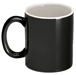 A black mug with a contrasting inner colour, featuring a smooth finish and a sturdy handle.