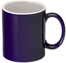 A purple ceramic mug with a glossy finish and a contrasting white interior. Features a curved handle.