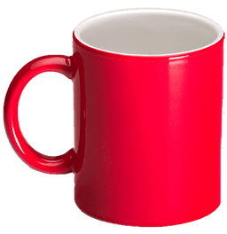 A red mug with a glossy finish and a curved handle, featuring a plain design. It has a white interior.