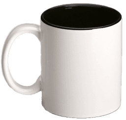 A white ceramic mug with a black interior and handle, featuring a simple design with no visible branding.