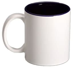 A white mug with a dark blue interior, featuring a handle and a plain design. Contains a logo on the side.