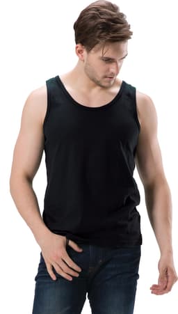 A black singlet worn by a male model, featuring a simple design and no visible branding.