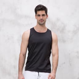 A black singlet worn by a male model against a neutral grey background, featuring a simple design.