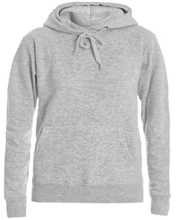 A grey thermal hoodie featuring a drawstring hood and a front pocket, with a logo on the design.