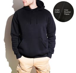 A black thermal hoodie featuring a cotton outer and brushed fleece inner, with a front pocket and hood.