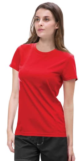 A red women's t-shirt featuring a fitted style and a small logo on the front.